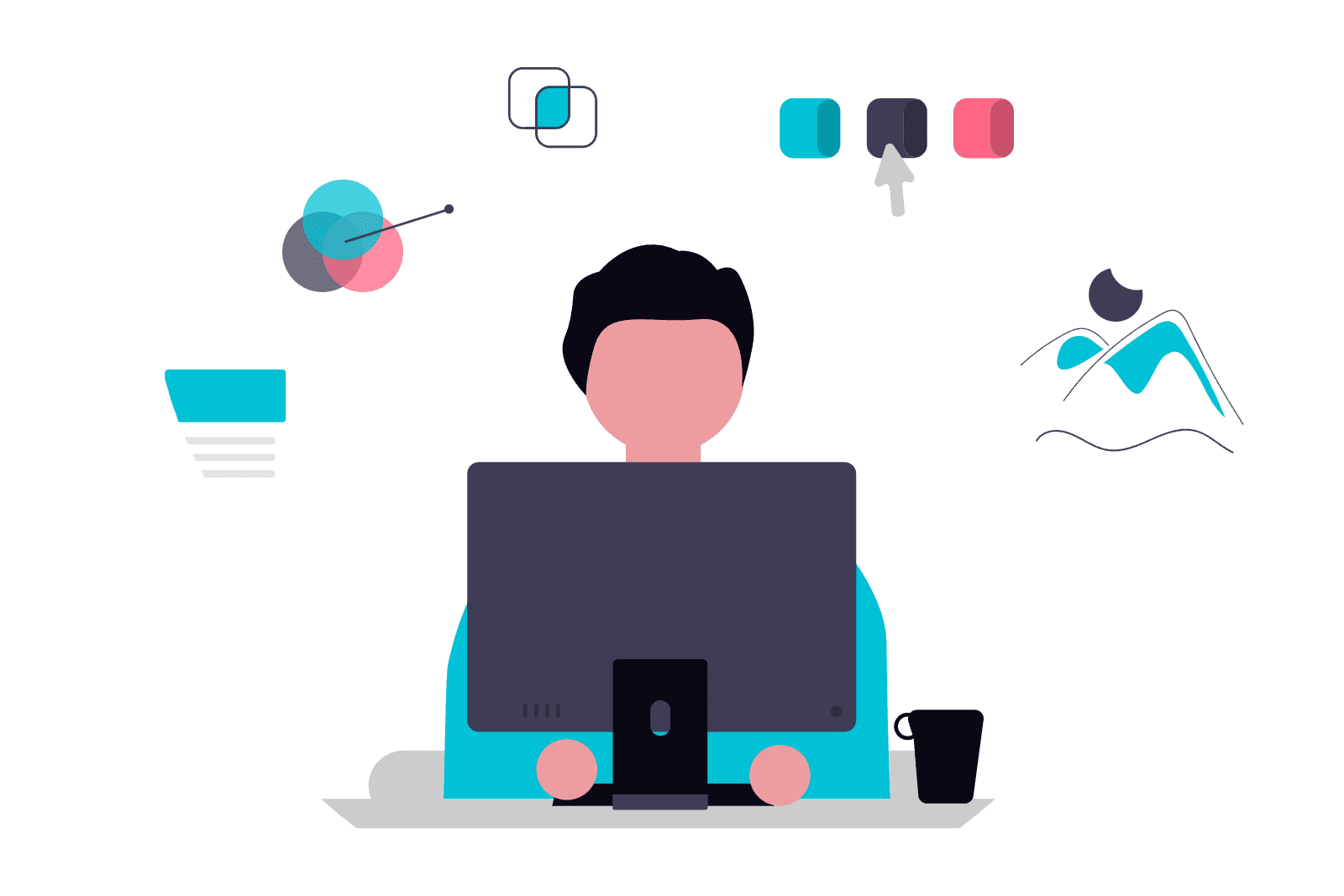 Ilustración de diseñador creando identidad visual corporativa premium para marca B2B