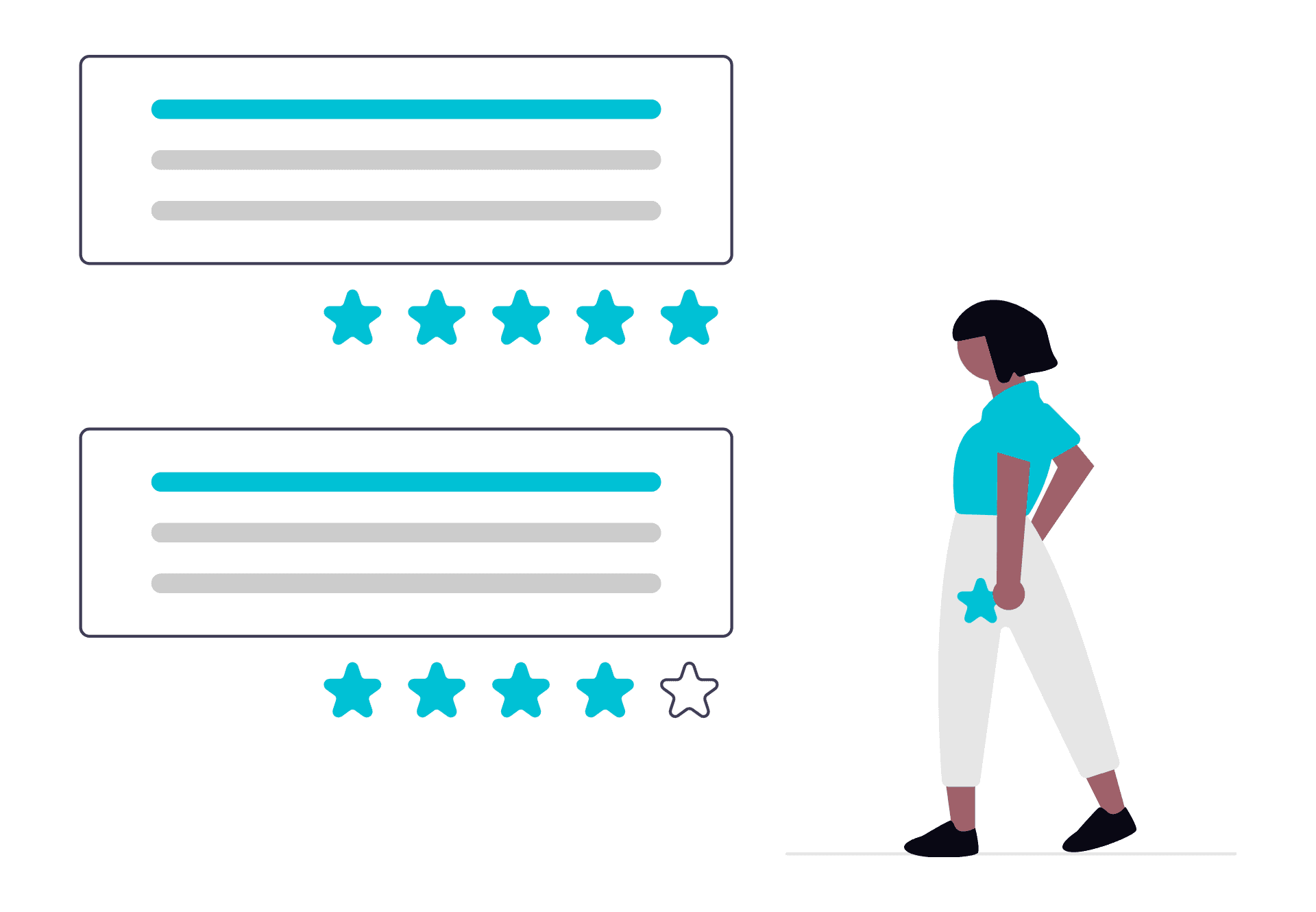 Ilustración de reseñas y visibilidad online para SEO y posicionamiento generativo
